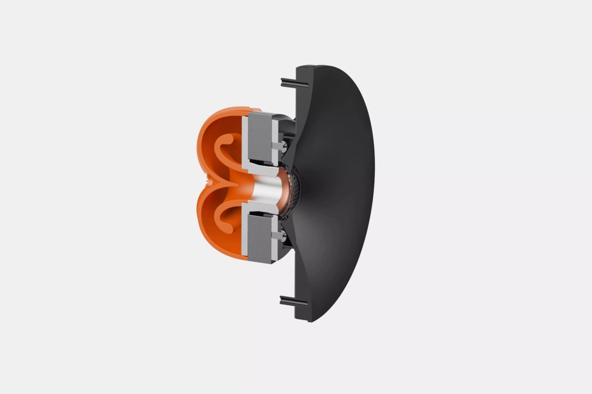 Řez výškovým měničem Cambridge Audio L/R M s oranžovou voštinovou strukturou a profilovaným zvukovodem