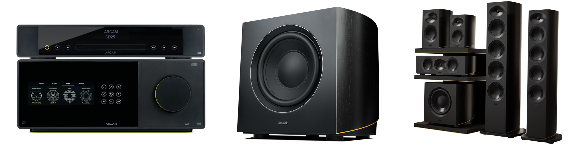 Sestava Arcam Radia – CD přehrávač, zesilovač, subwoofer a pár sloupových i regálových reproduktorů