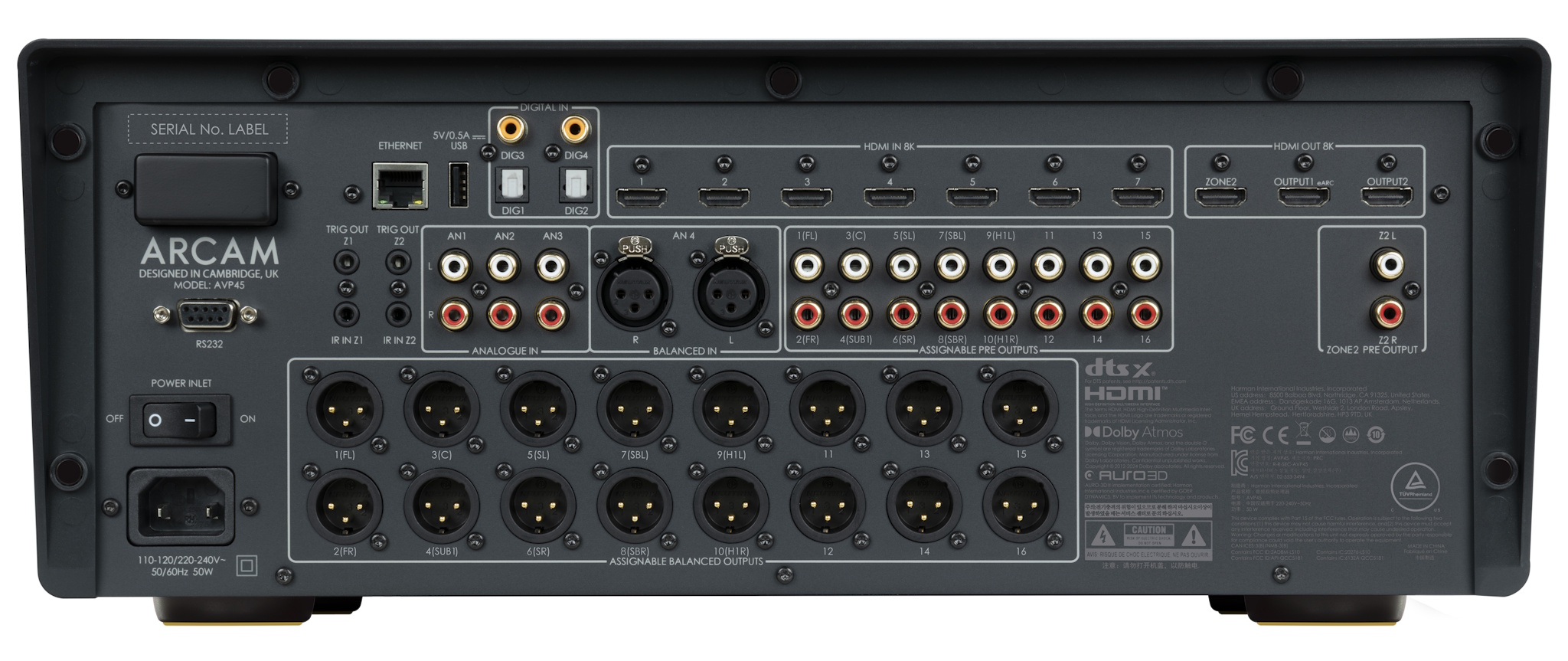Zadní panel Arcam AVP45 s 16 symetrickými XLR výstupy, 16 nesymetrickými RCA výstupy a sedmi vstupy HDMI 8K