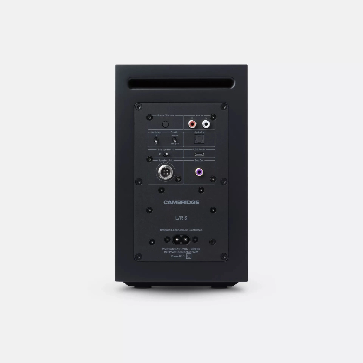 Zadní panel černého Cambridge Audio L/R S s optickým vstupem, RCA Aux In, USB-C, výstupem pro subwoofer a konektorem Speaker Link