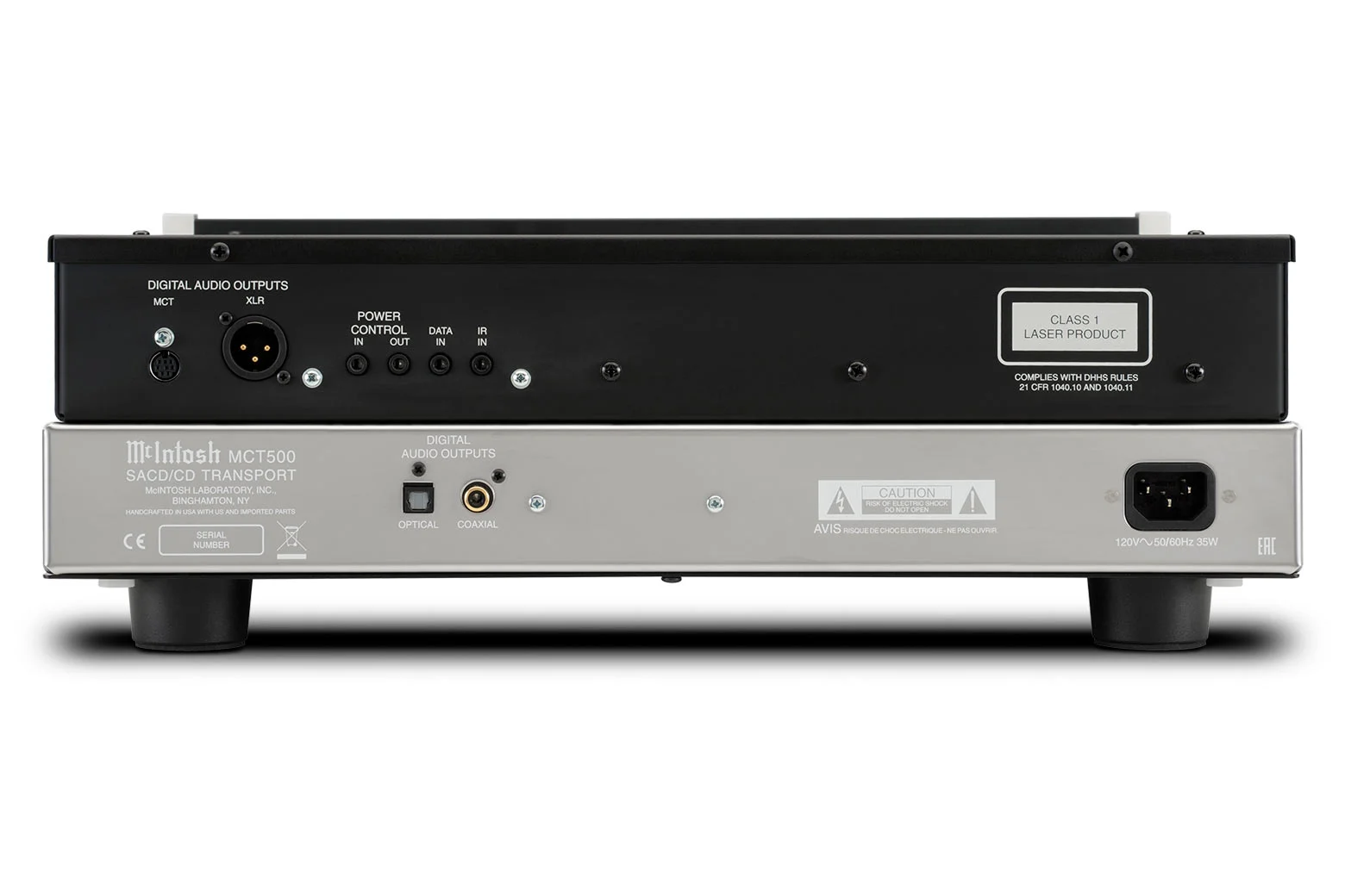 Zadní panel McIntosh MCT500 s digitálními výstupy symetrickým, koaxiálním, optickým a MCT