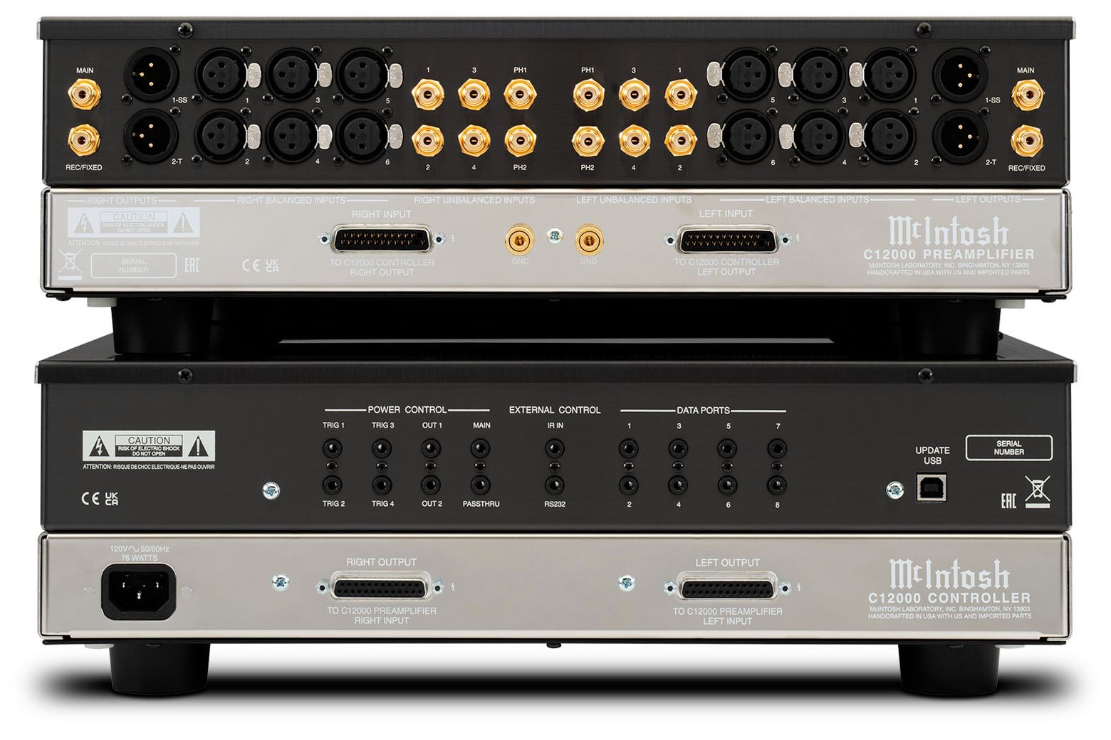 Zadní panely obou modulů McIntosh C12000 s řadami symetrických XLR a nesymetrických RCA vstupů, phono vstupů a datových portů