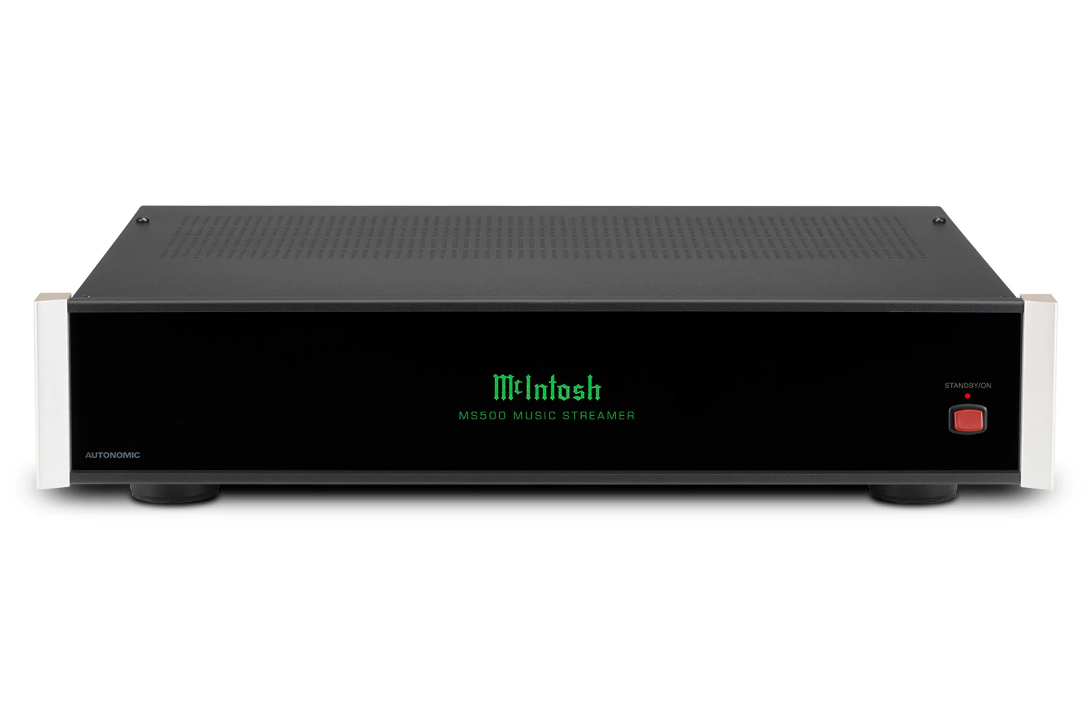 Čelní pohled na McIntosh MS500 Music Streamer — černý skleněný panel se zeleným nápisem a červeným tlačítkem Standby/On