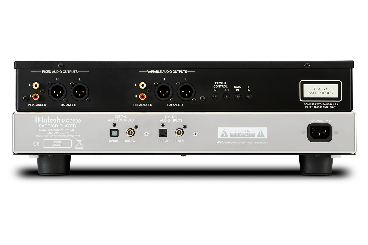Zadní panel McIntosh MCD600 s pevnými a variabilními analogovými výstupy a digitálními vstupy a výstupy