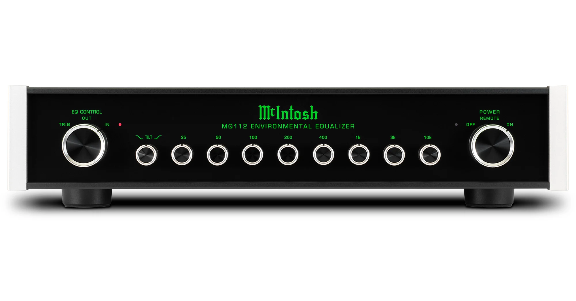 Čelní pohled na McIntosh MQ112 — osm ovladačů ekvalizéru, ovladač TILT, EQ Control a hlavní vypínač v hliníkovém šasi