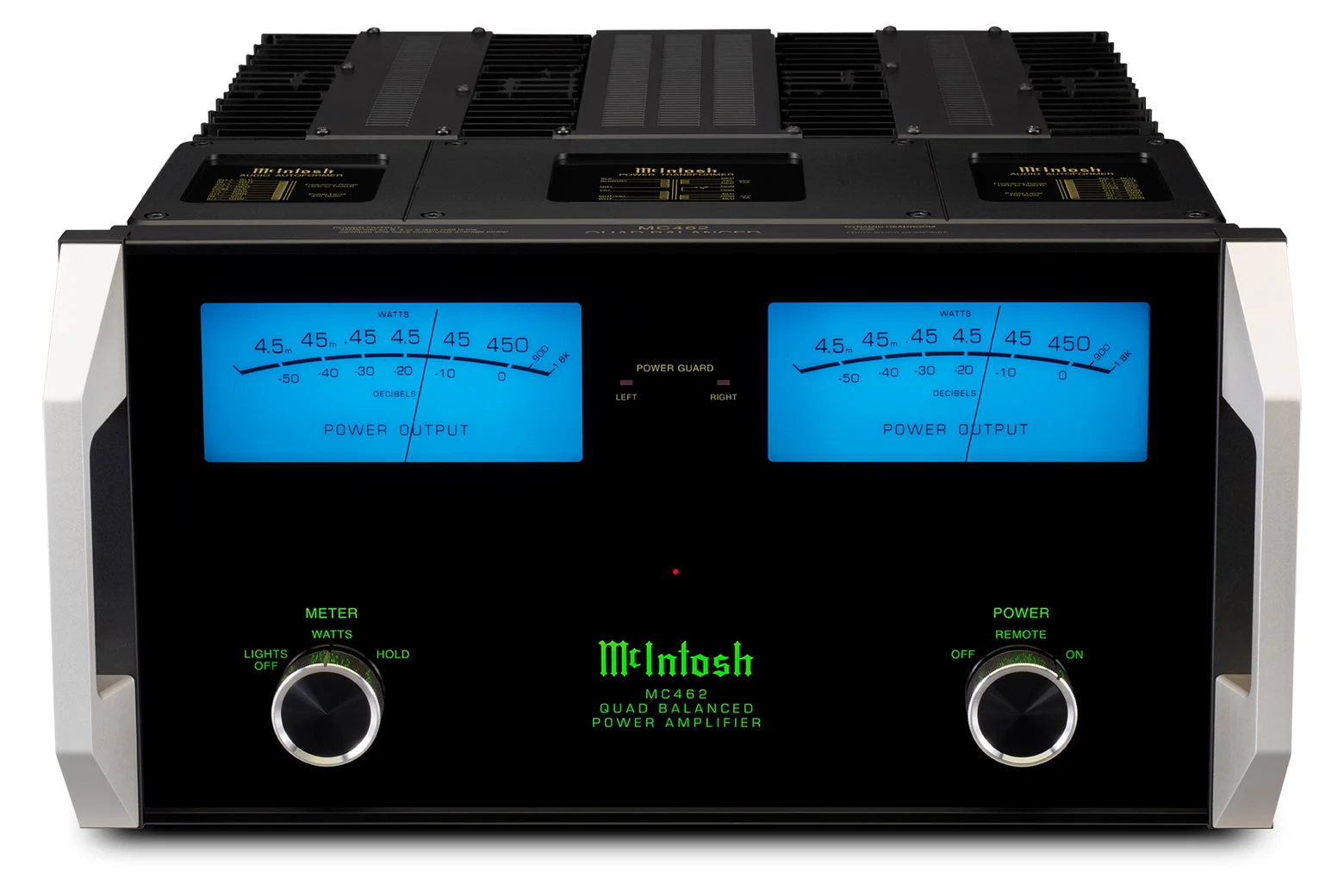 Čelní pohled na McIntosh MC462 — dva modré měřiče výkonu, zelené logo a označení Quad Balanced Power Amplifier