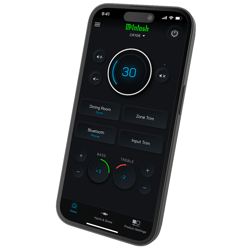 Obrazovka aplikace Connect pro ovládání zón, zdrojů a hlasitosti u McIntosh CR106