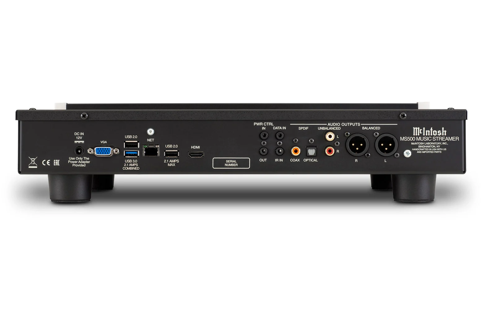 Zadní panel McIntosh MS500 — USB porty, Ethernet, HDMI, VGA, digitální koaxiální a optický výstup a symetrické XLR výstupy
