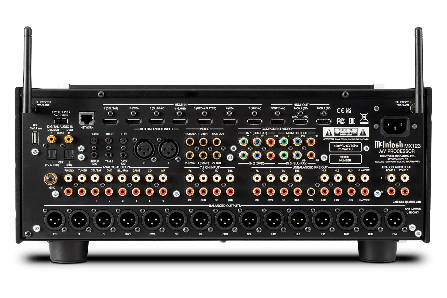 Zadní panel McIntosh MX123 se symetrickými XLR výstupy, HDMI vstupy a výstupy a phono vstupem
