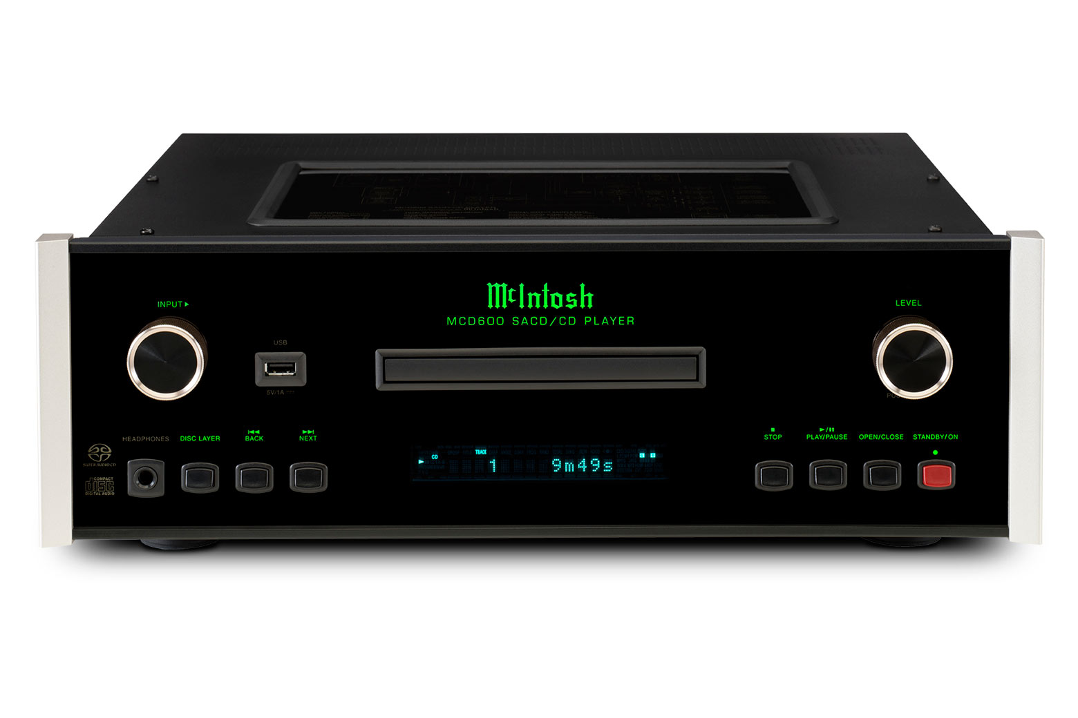 Černý skleněný přední panel McIntosh MCD600 s osvětleným logem a horním sítotiskovým skleněným panelem