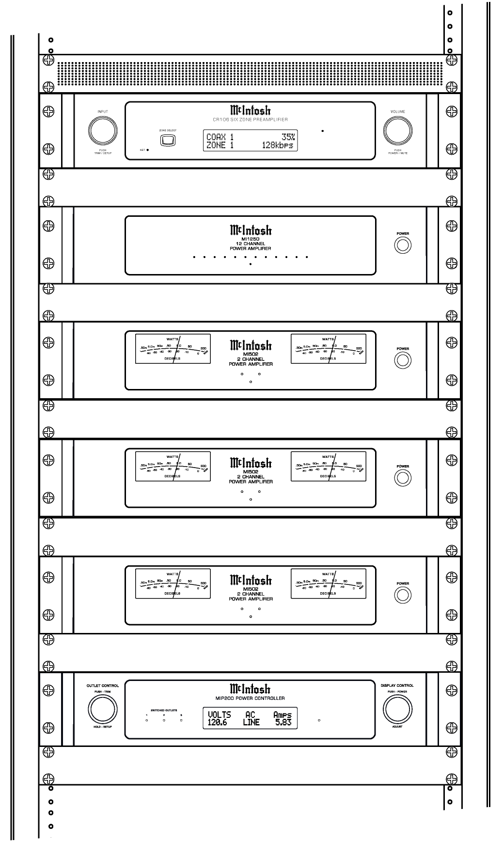 Schéma zapojení McIntosh CR106 do racku se zesilovači pro zakázkovou instalaci