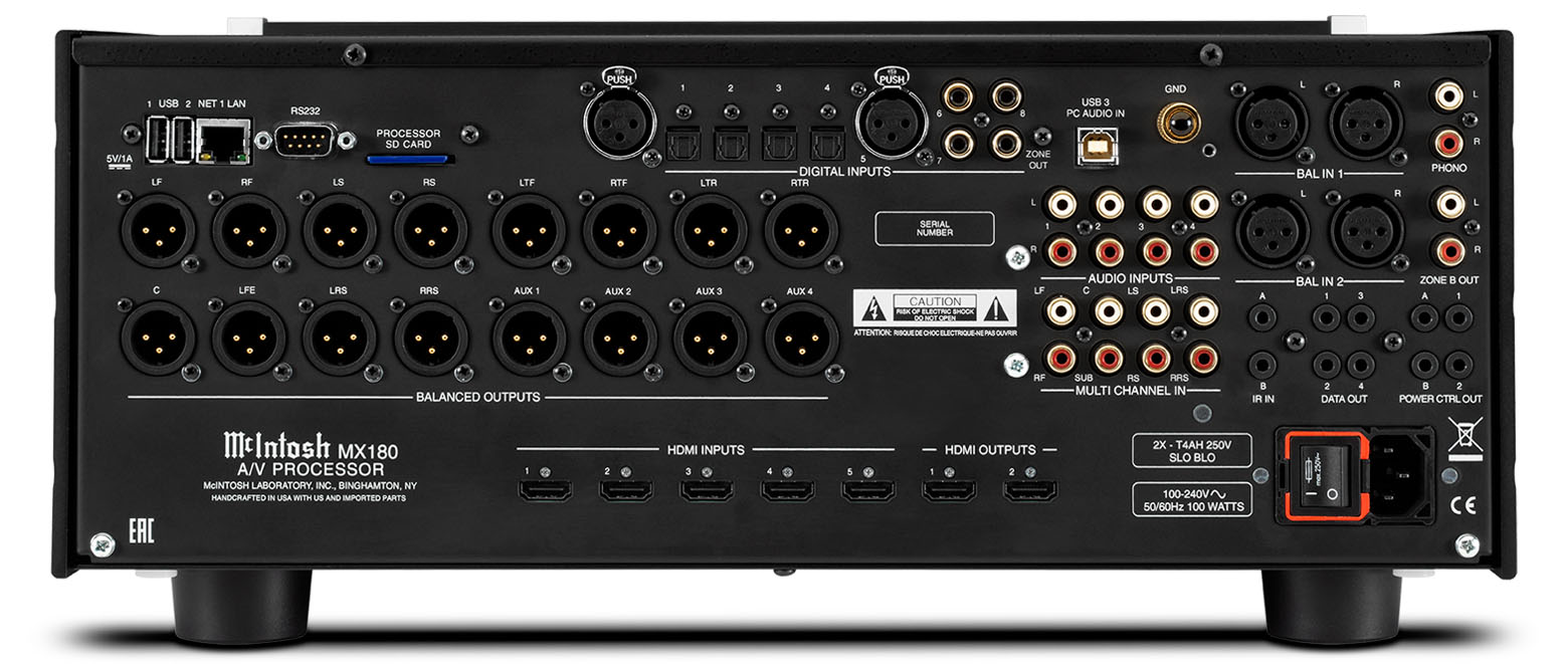 Zadní panel McIntosh MX180 se šestnácti symetrickými XLR výstupy, HDMI porty a phono vstupem