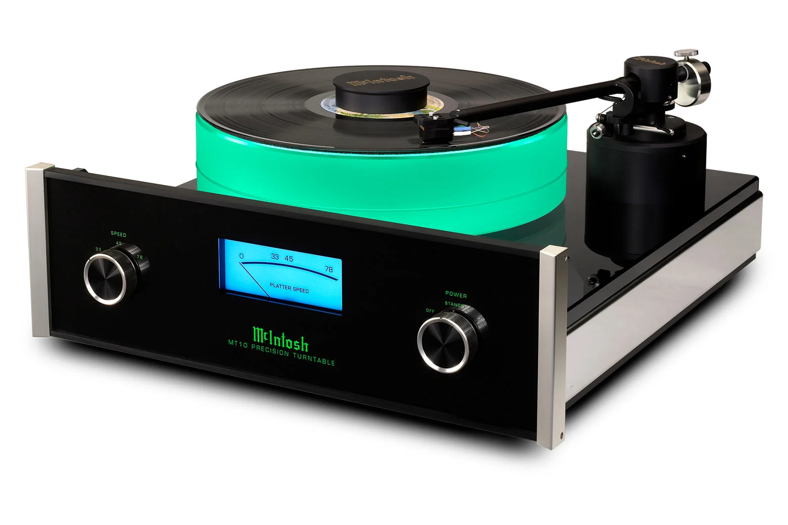 McIntosh MT10 v pohledu zešikma — zeleně podsvícený silikonově-akrylový talíř, raménko s přenoskou a osvětlený měřič otáček