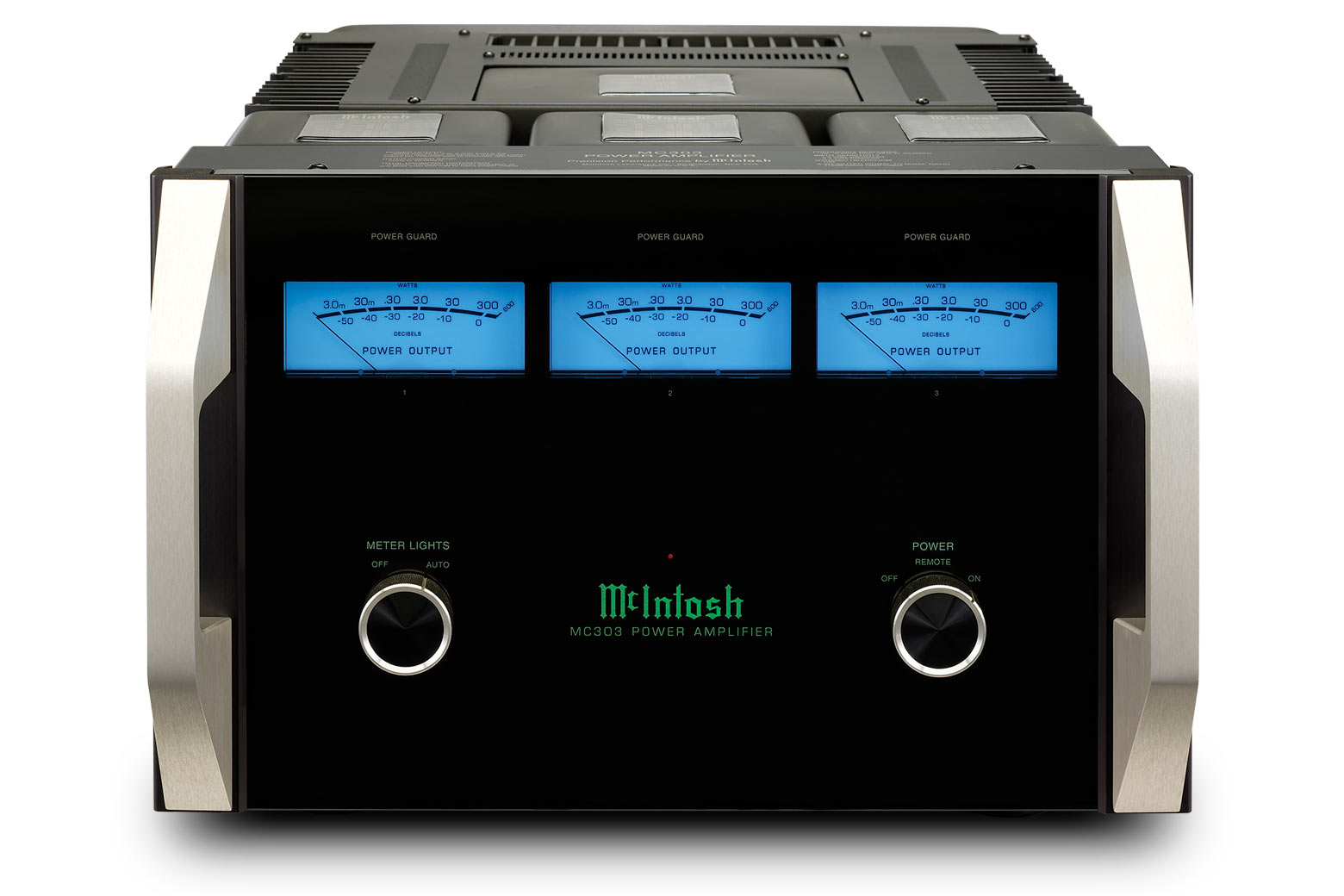 Detail předního panelu McIntosh MC303 s ochranným obvodem Power Guard a Sentry Monitor