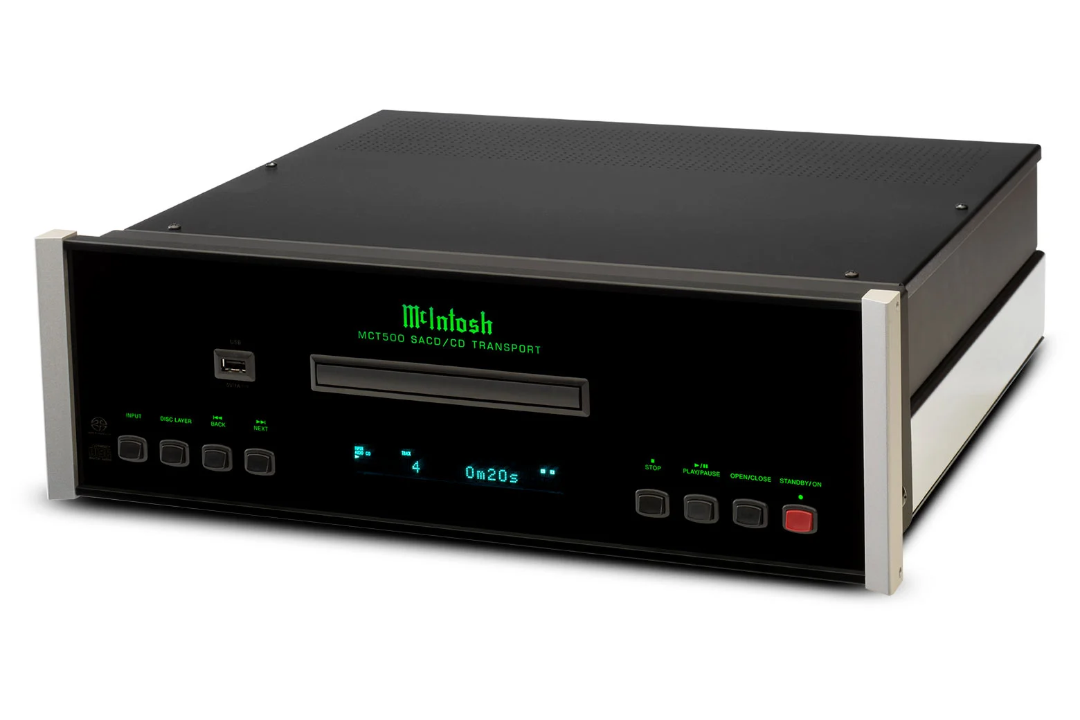 McIntosh MCT500 z boku v úhlu, leštěné nerezové šasi a hliníkové koncovky