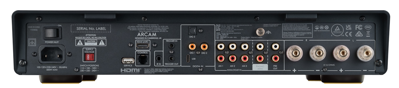 Konektorový panel ARCAM A25+ s analogovými RCA vstupy, phono vstupem, HDMI eARC, USB-C a digitálními vstupy