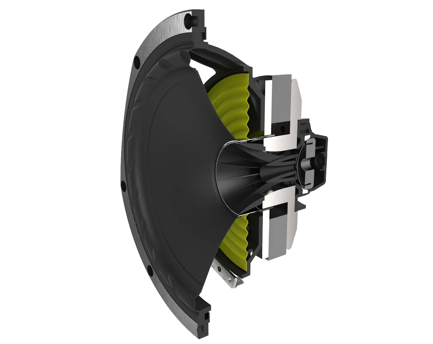 Řez koncentrickým měničem IsoFlare Fyne Audio s waveguidem výškové kopulky a magnetem
