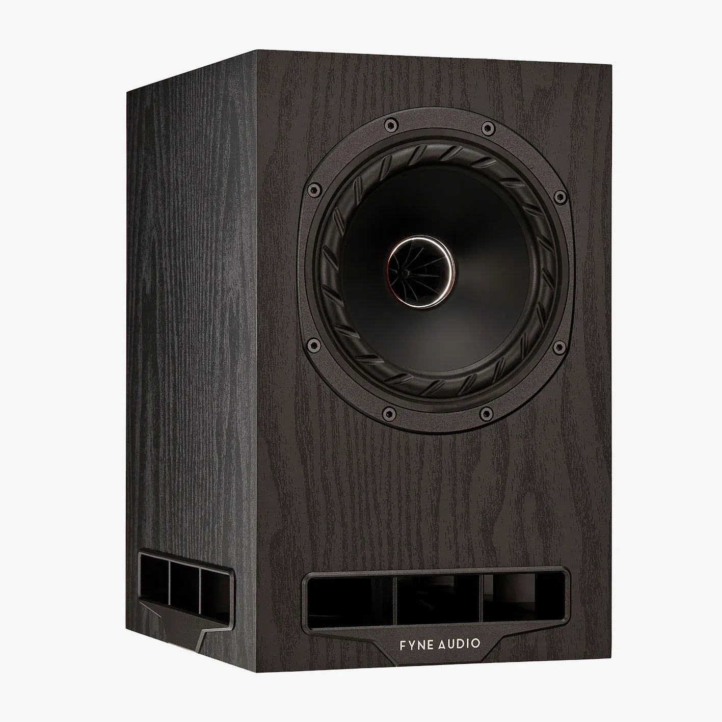 Kompaktní reproduktor Fyne Audio F5E LCR v matně černém dubu ze tří čtvrtin s koncentrickým měničem a spodním portem