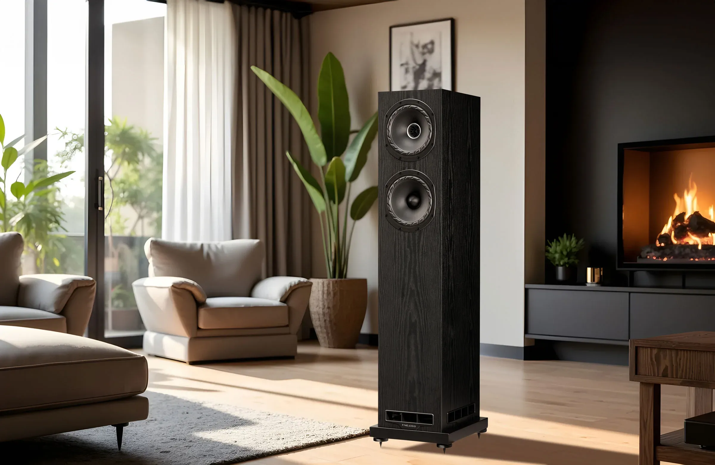 Fyne Audio F501E v černém jasanu stojící ve světlém moderním obývacím pokoji u krbu, vedle pohovky a pokojové rostliny