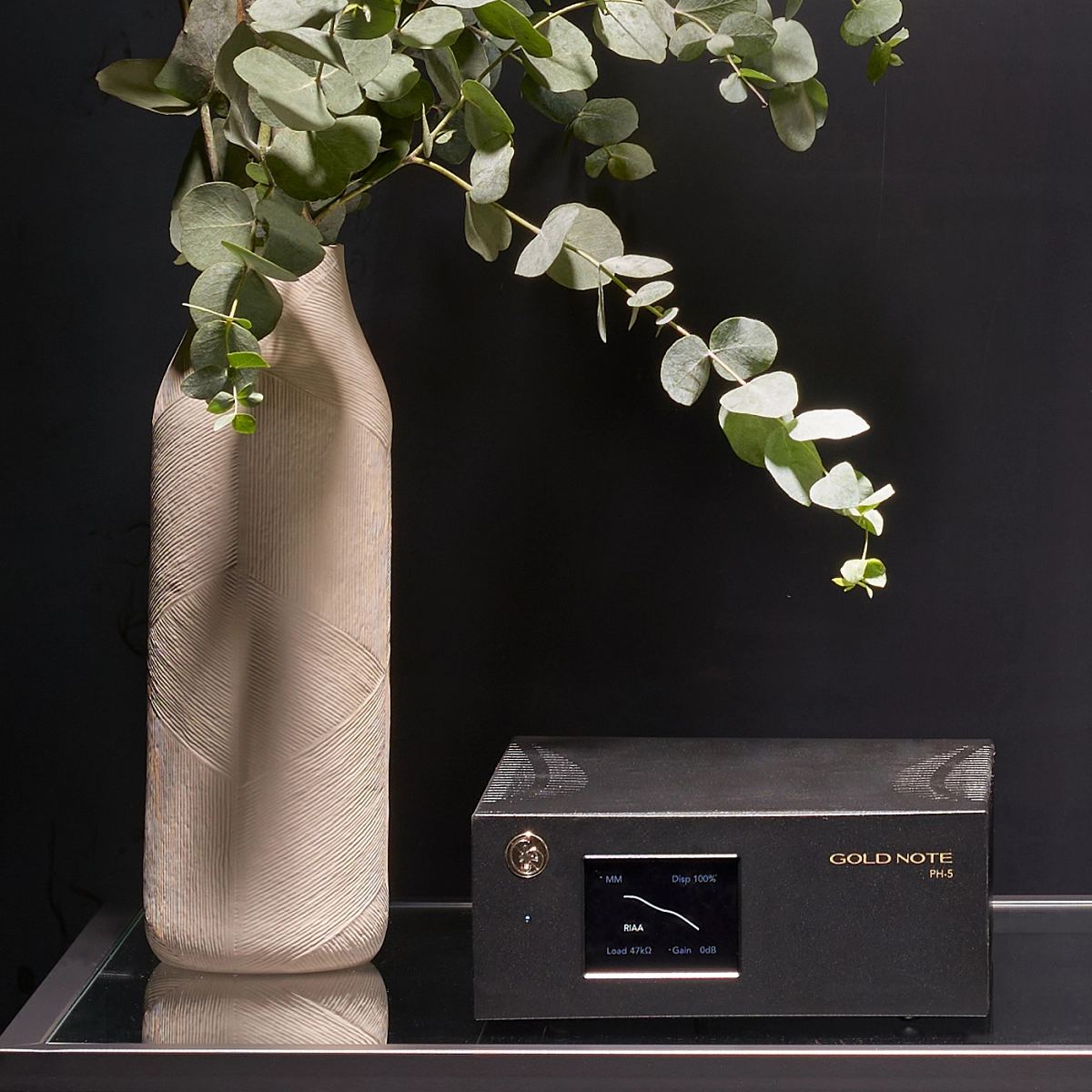 Detail čelního panelu Gold Note PH-5 s přepínači zisku a impedance