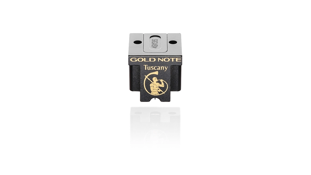 Čelní makro detail diamantu Super Micro Ridge přenosky Gold Note TUSCANY GOLD