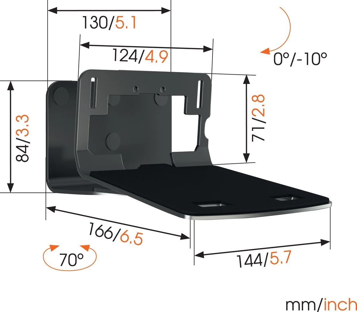 Rozměrové schéma držáku Vogel's SOUND 3205 — šířka 130 mm, výška 84 mm, hloubka 166 mm, otočení 70°, náklon 0 až −10°