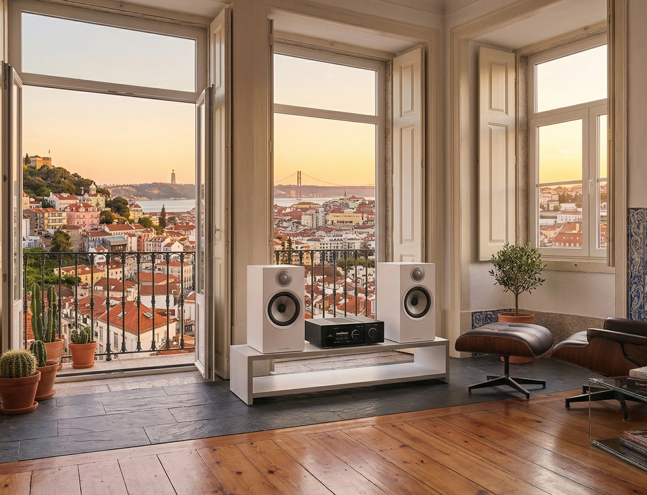 Bílé reproduktory Bowers & Wilkins 606 S3 s jednotkou EverSolo na nízkém stolku v prosvětleném bytě s výhledem na město při západu slunce