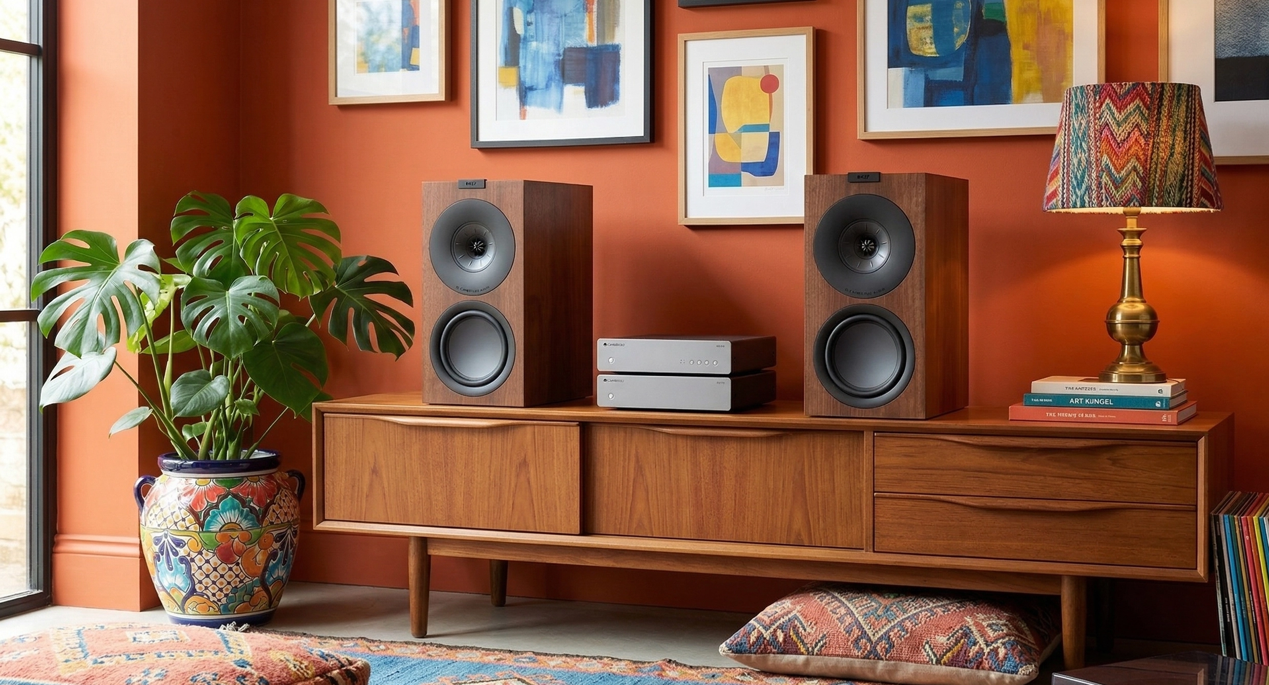 Pár reproduktorů KEF Q Concerto Meta v ořechovém provedení na retro komodě u terakotové stěny, vedle stříbrná elektronika Cambridge Audio, monstera a stolní lampa