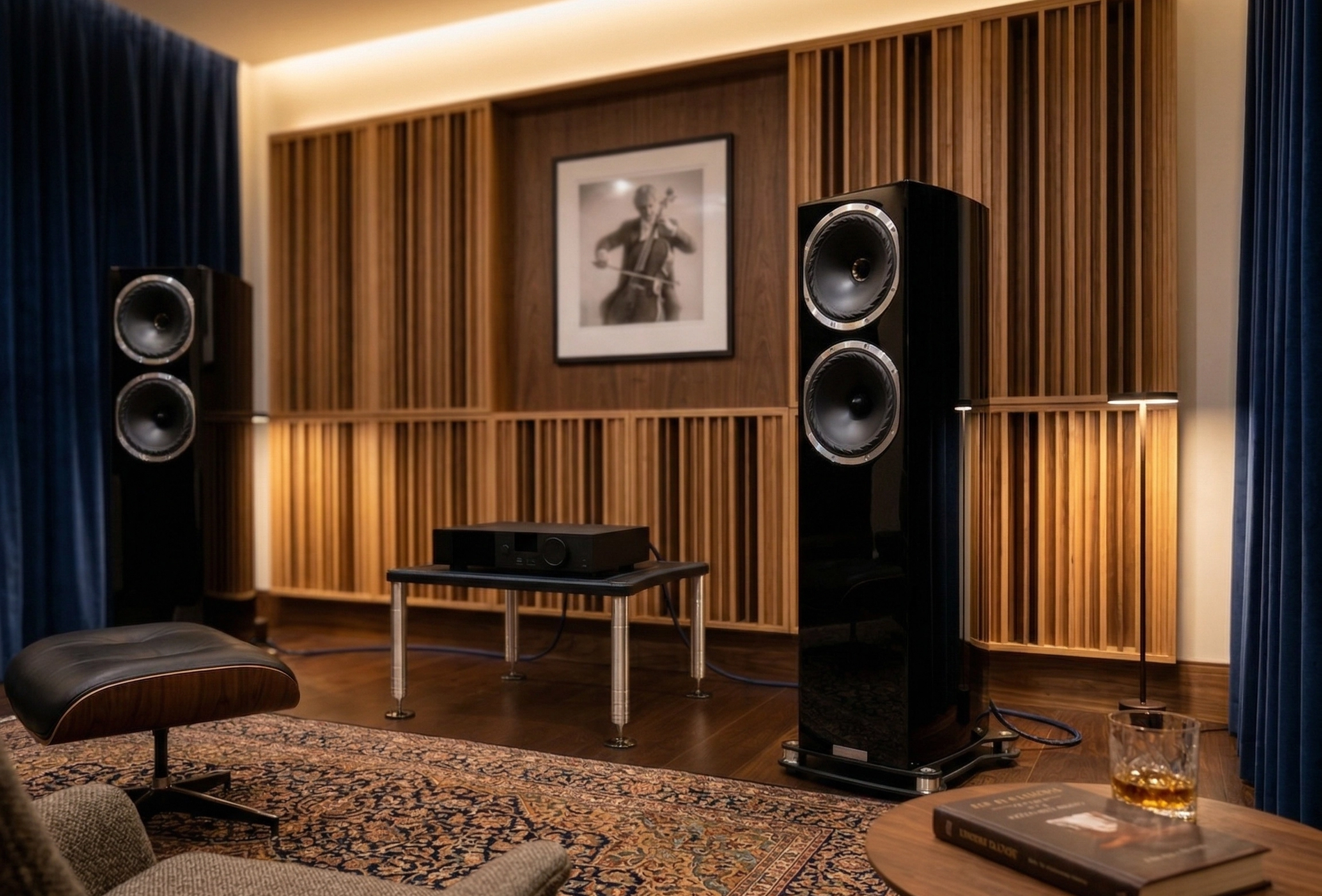 Detail černého klavírního laku reproduktoru FYNE Audio F502SP s izobarickým měničem IsoFlare a zesilovač Lyngdorf na skleněném stolku