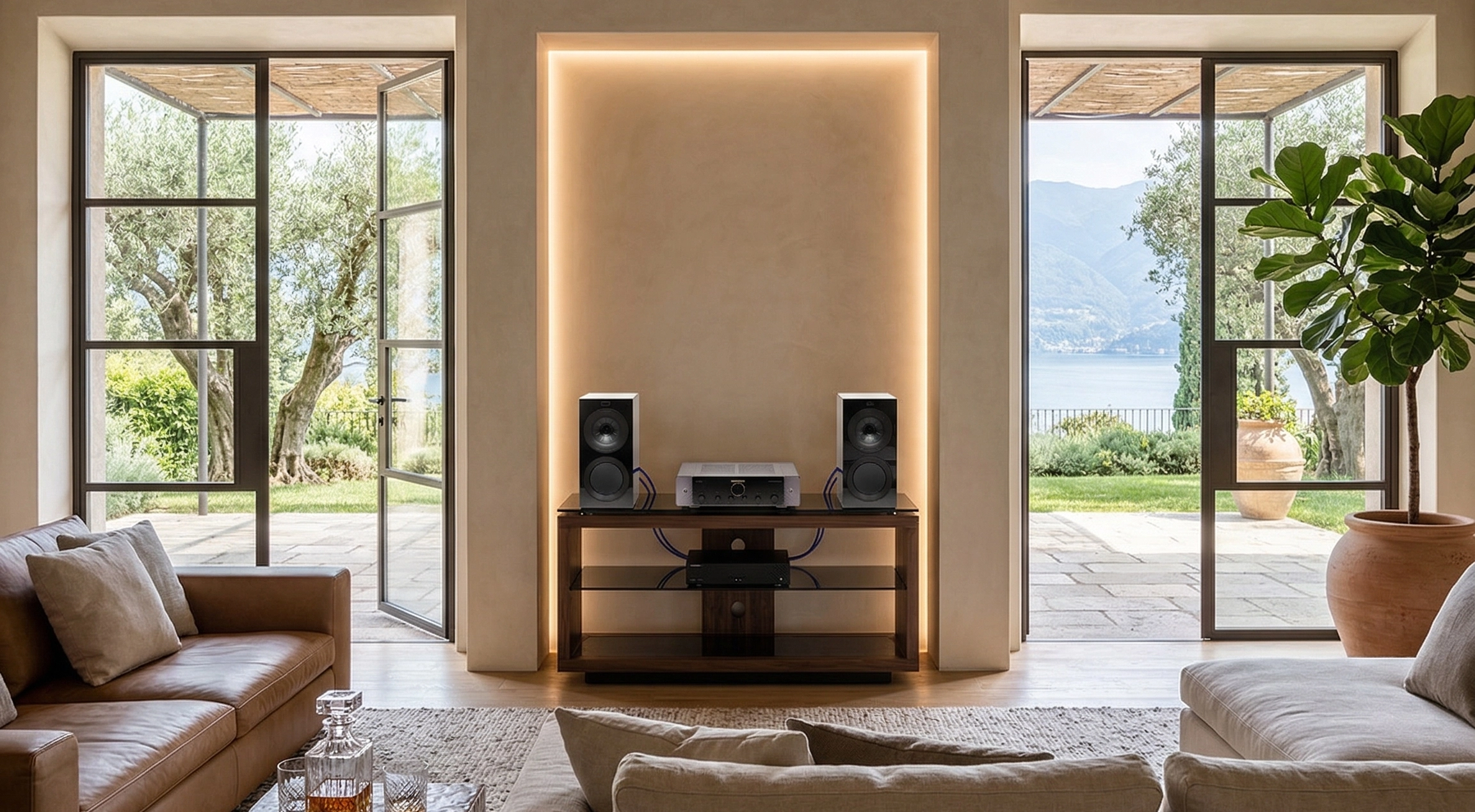 Sestava KEF R3 Meta a Marantz MODEL 40n na nízkém audio stolku v obývacím pokoji s prosklenými dveřmi a výhledem na jezero