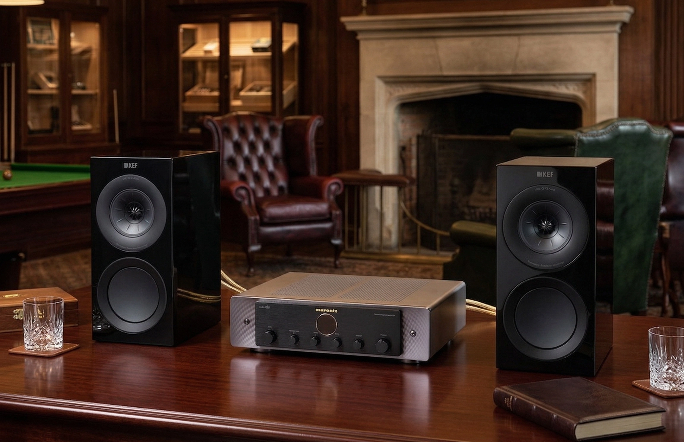 Regálové reprosoustavy KEF R3 Meta po stranách stříbrného integrovaného zesilovače Marantz MODEL 40n na dřevěném stole v klasické knihovně s krbem