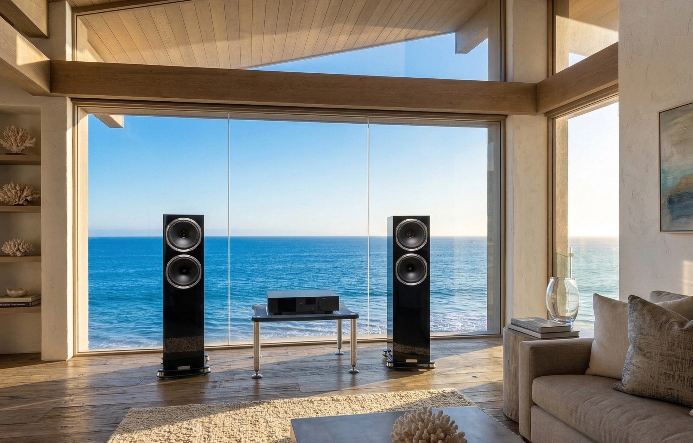Reproduktory FYNE Audio F502SP a zesilovač Lyngdorf ve světlém obývacím pokoji s prosklenou stěnou a výhledem na oceán