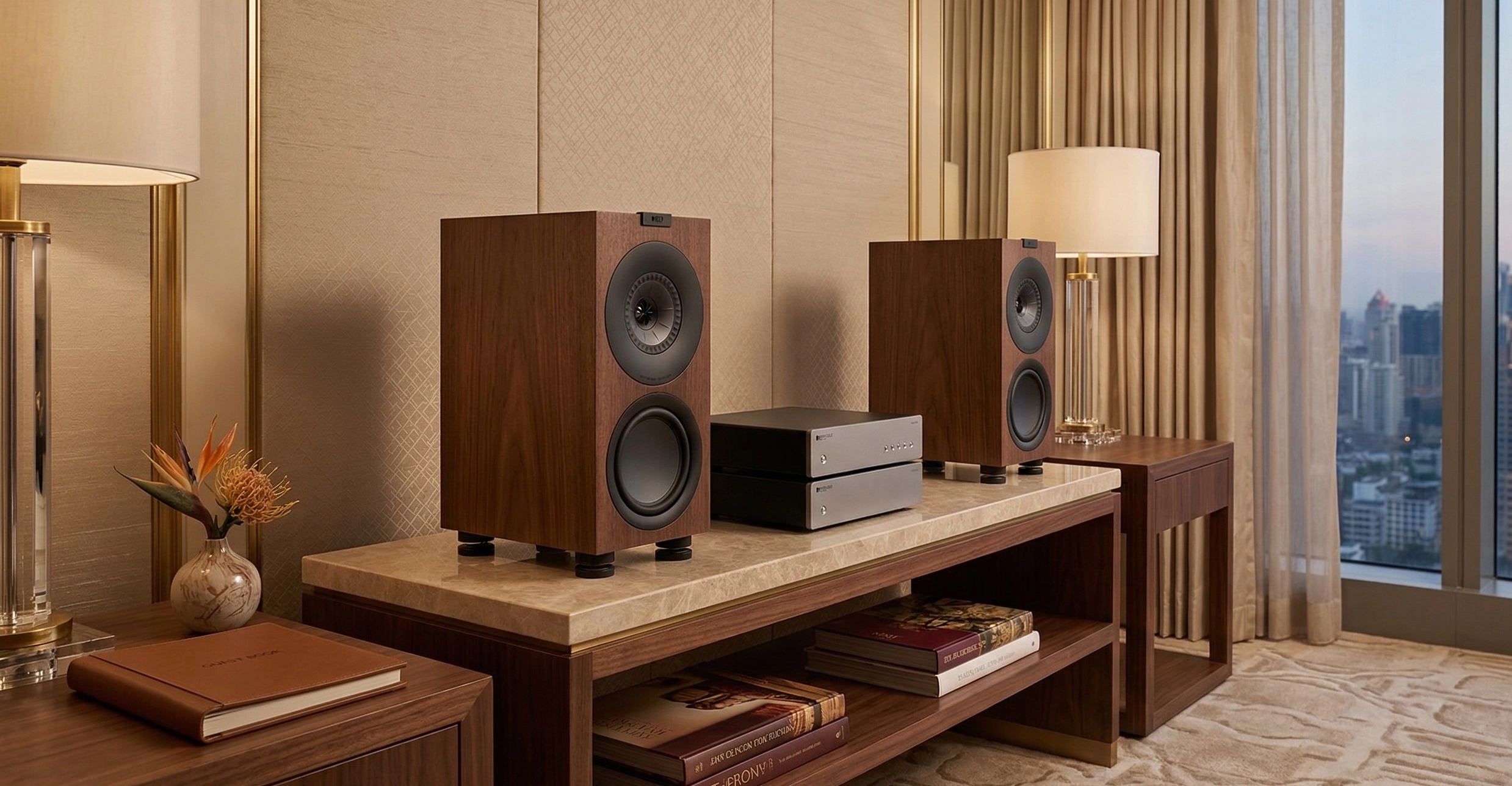 Reproduktory KEF Q Concerto Meta v ořechovém provedení na kamenném podstavci, mezi nimi stříbrná elektronika Cambridge Audio, v pozadí výhled na večerní město