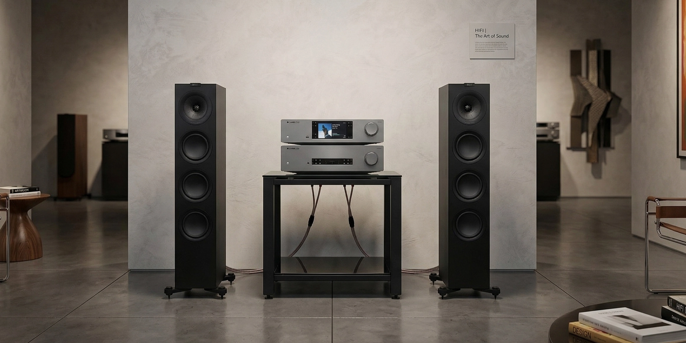 Sestava VOIX Signature INTENSITY — černé sloupové reproduktory KEF Q11 Meta po stranách skleněného stolku s elektronikou Cambridge Audio v prostoru galerie