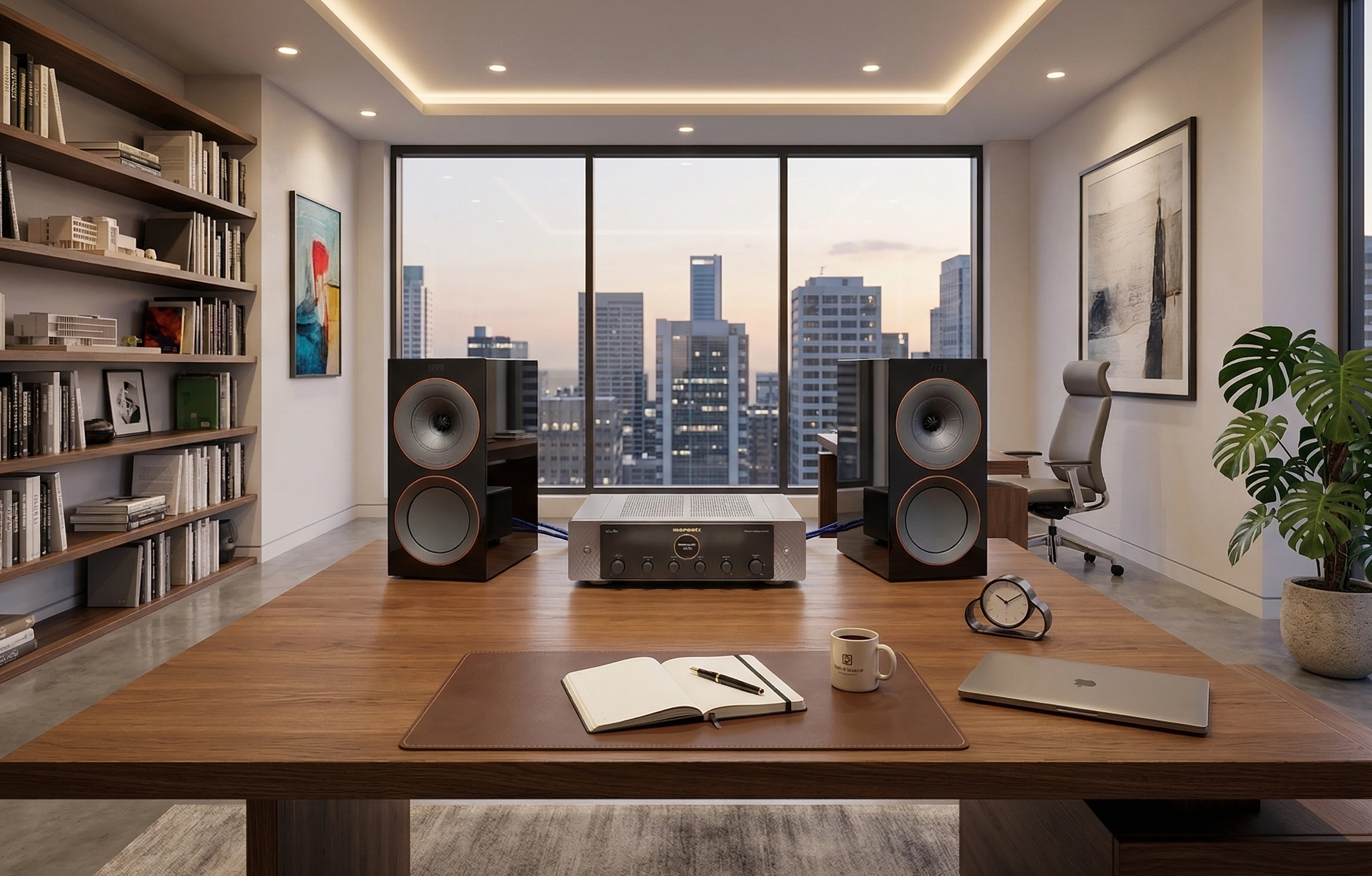 Sestava KEF R3 Meta a Marantz MODEL 40n na pracovním stole v moderní místnosti s panoramatem města za oknem
