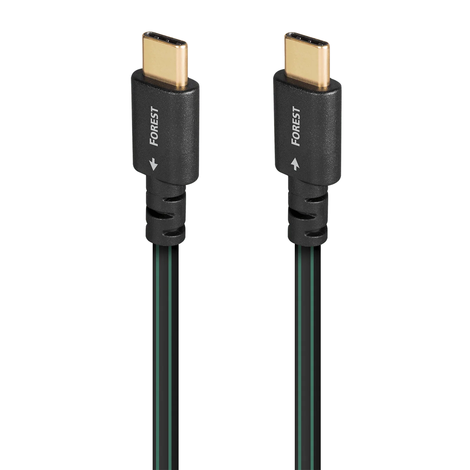 Kabel Audioquest Forest USB-C na USB-C — dva pozlacené konektory USB-C s popisem Forest a směrovou šipkou, černý plášť se zeleným pruhem
