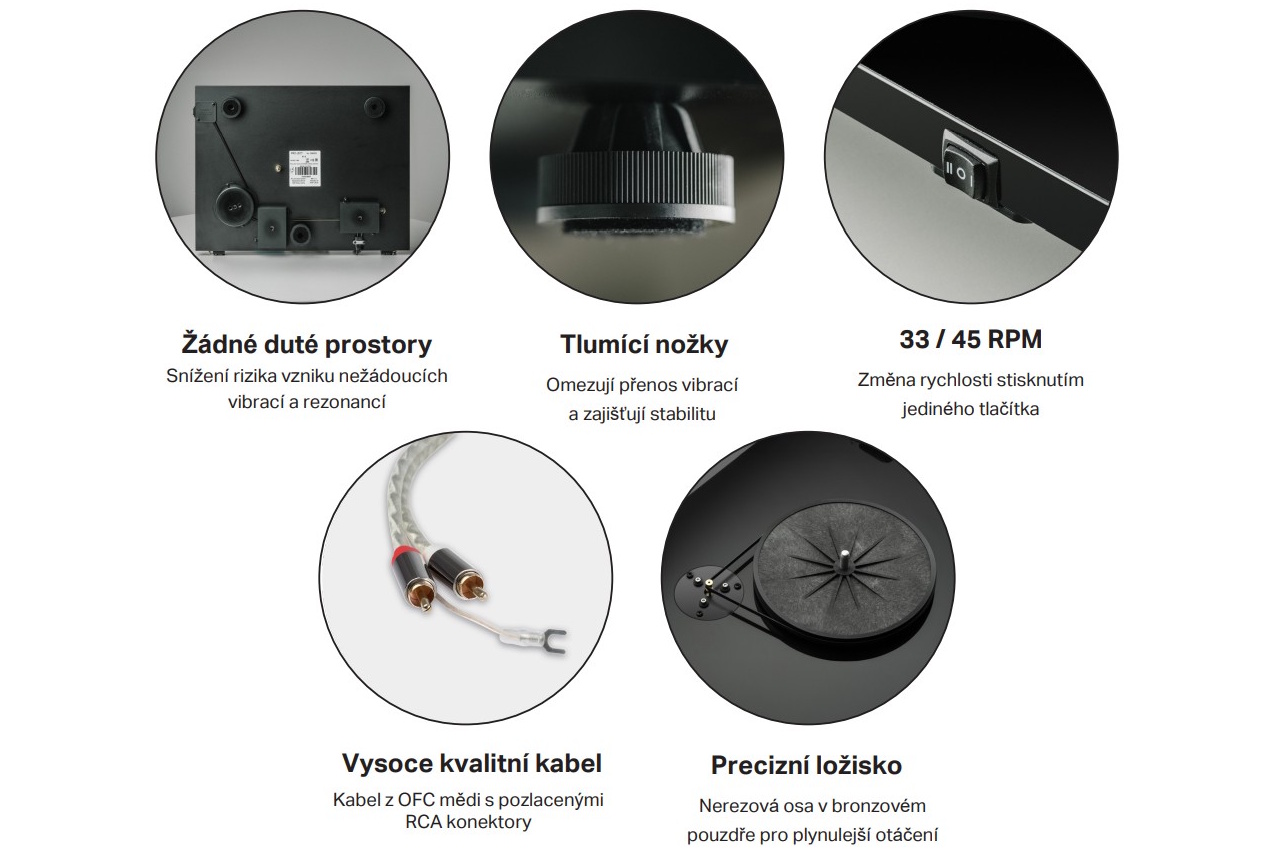 Přehled konstrukčních detailů Pro-Ject E1.2 — šasi bez dutých prostor, tlumící nožky, přepínání 33/45 ot./min, phono kabel s RCA konektory a precizní ložisko
