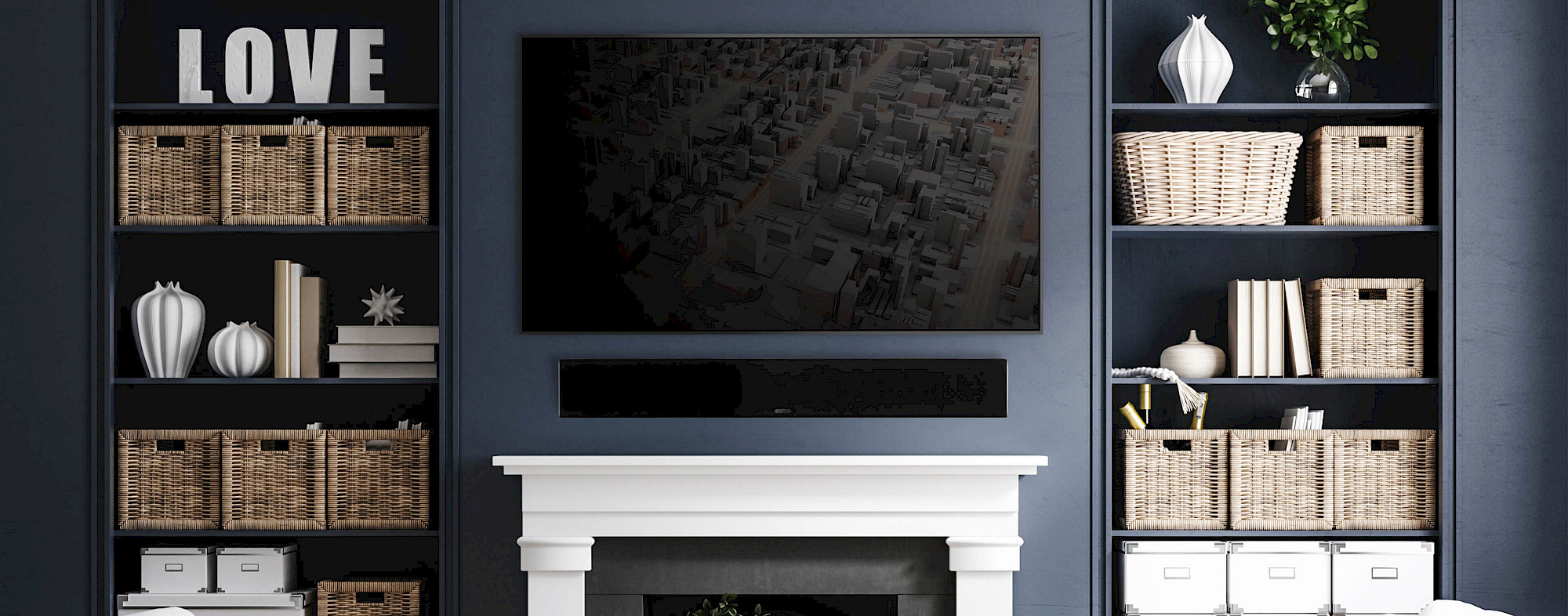 Soundbar Monitor Audio SB-2 pod televizorem v tmavě modré knihovní stěně s krbem