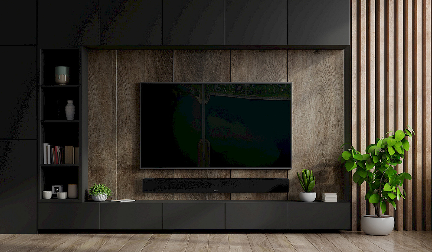 Soundbar Monitor Audio v obývacím pokoji s tmavou dřevěnou TV stěnou