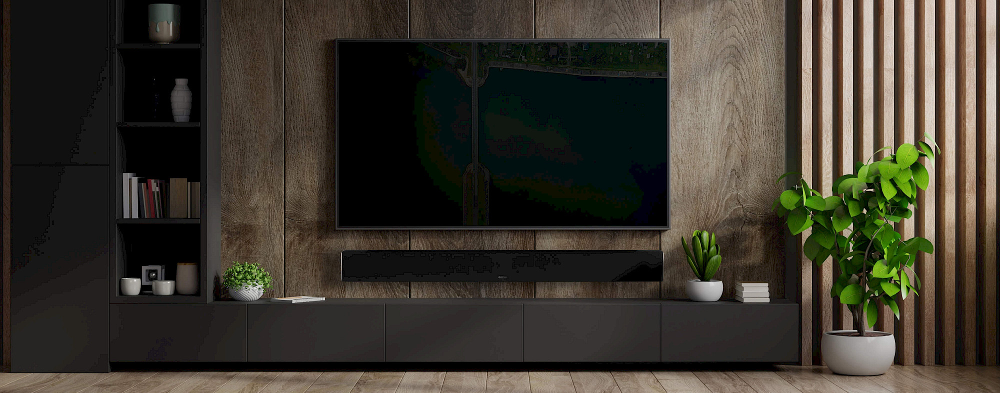 Soundbar Monitor Audio SB-3 pod televizorem na tmavé dřevěné TV stěně