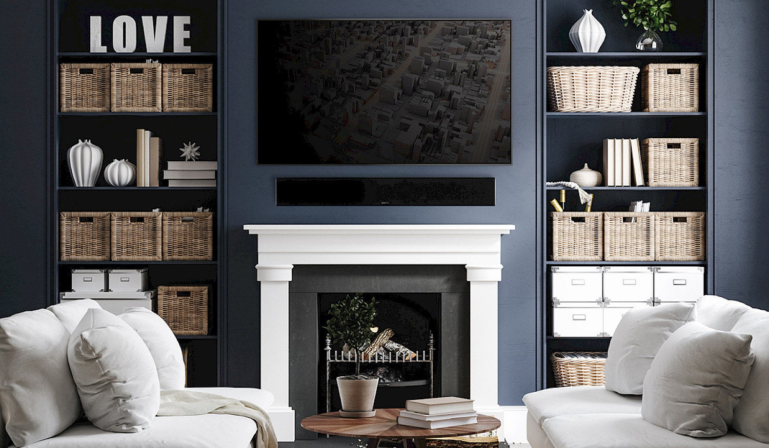 Soundbar Monitor Audio v obývacím pokoji s tmavě modrou knihovní stěnou