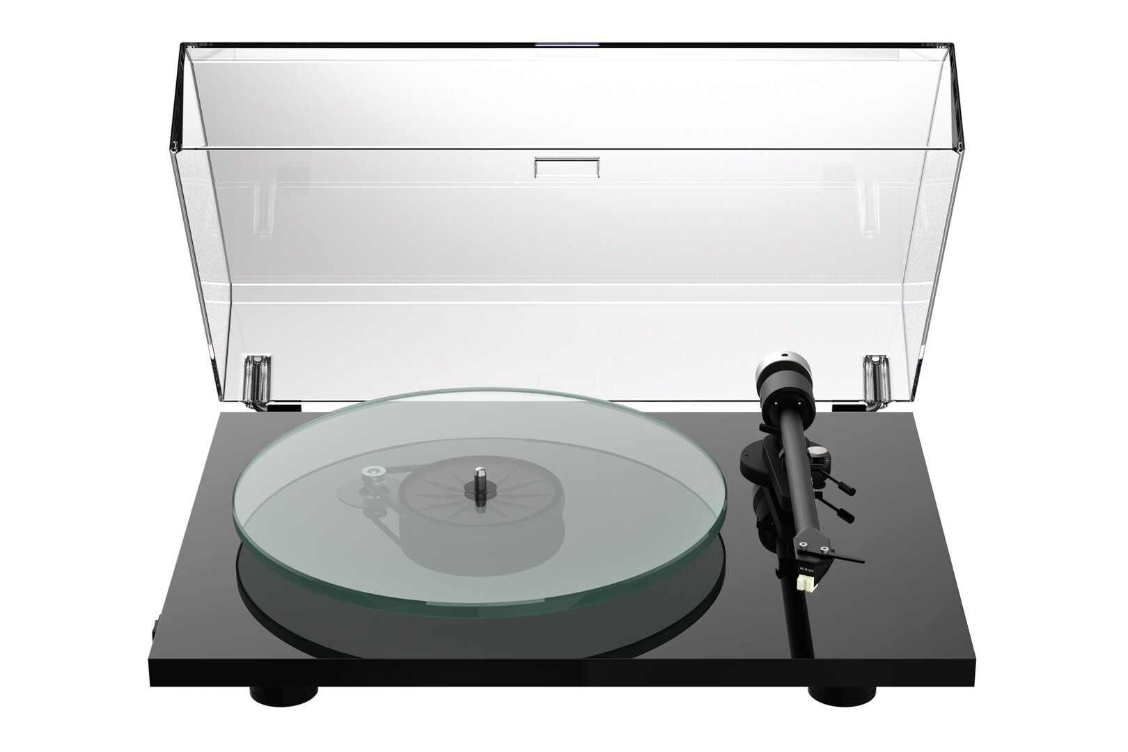 Gramofon Pro-Ject T2 v provedení piano černá s odklopeným průhledným akrylovým krytem proti prachu