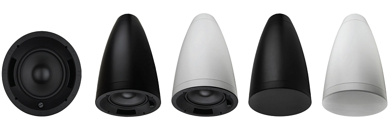 Rodina závěsných reproduktorů Sonance Professional Series v černém a bílém provedení včetně samostatného basového měniče