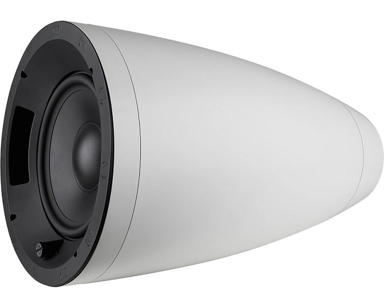 Bílý Sonance PS-P83WT z boku s odkrytým 203 mm basovým měničem a montážním rámem