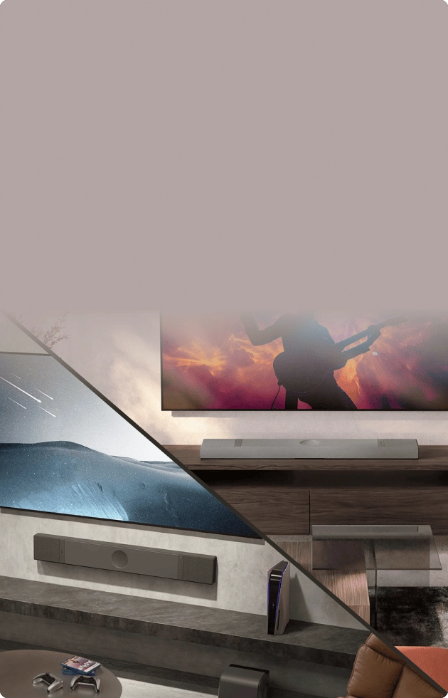 Soundbar KEF XIO ve dvou interiérech – na zdi pod televizí a na poličce pod stěnovým TV