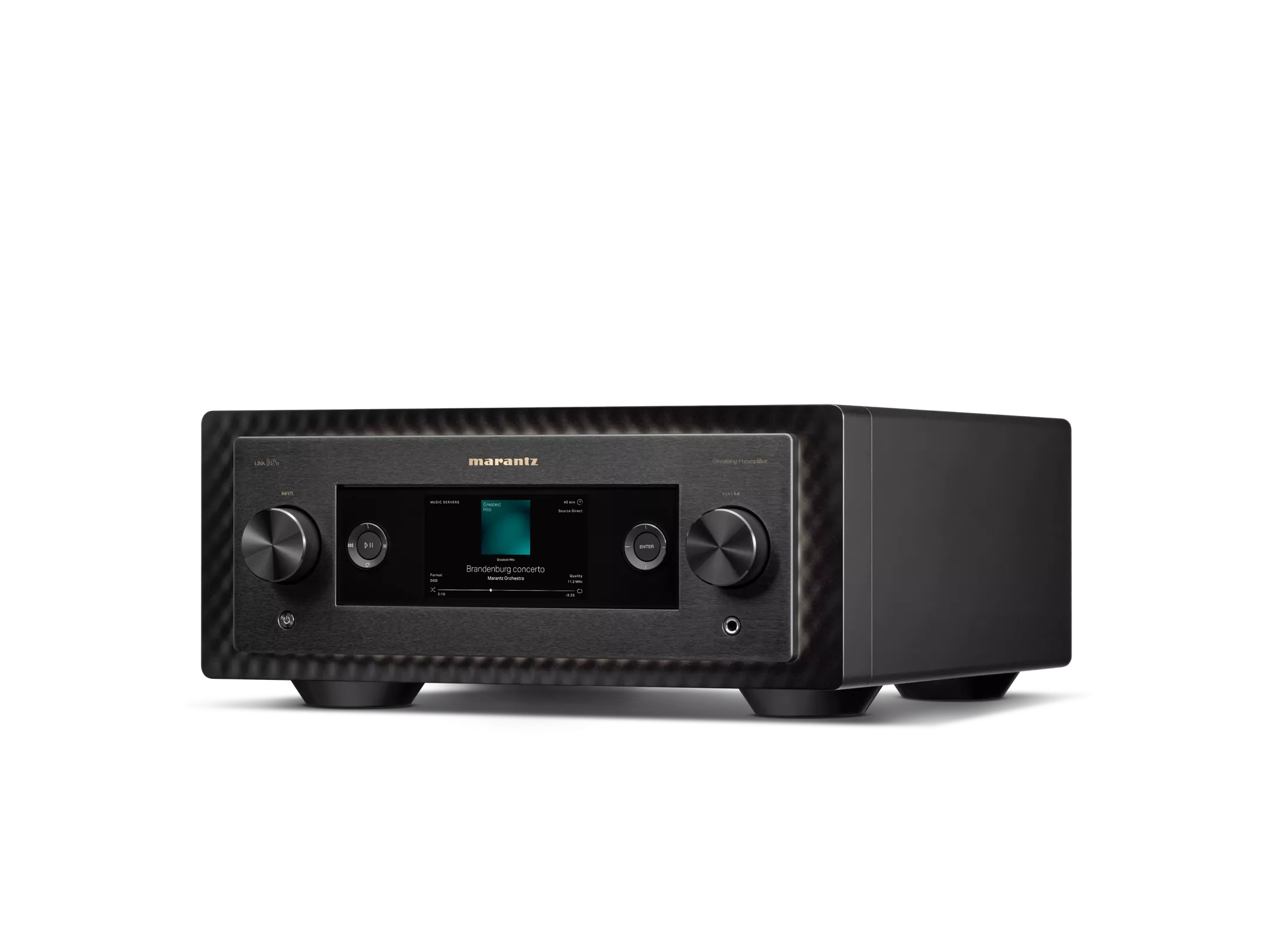 Detail plnobarevného OLED displeje Marantz Link 10n s informacemi o přehrávané skladbě