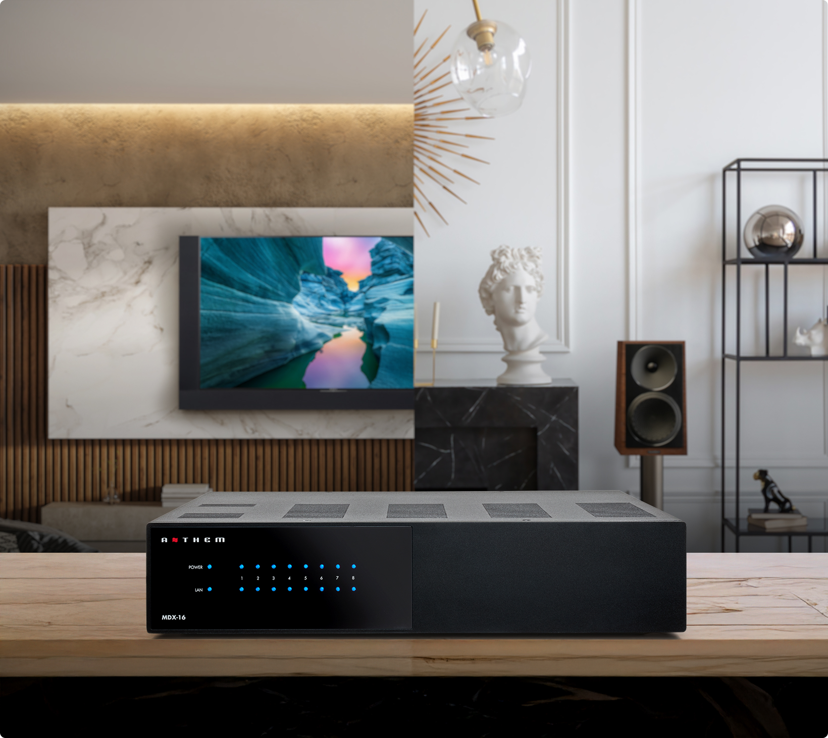 Čelní panel zesilovače Anthem řady MDX se stavovými LED v interiéru