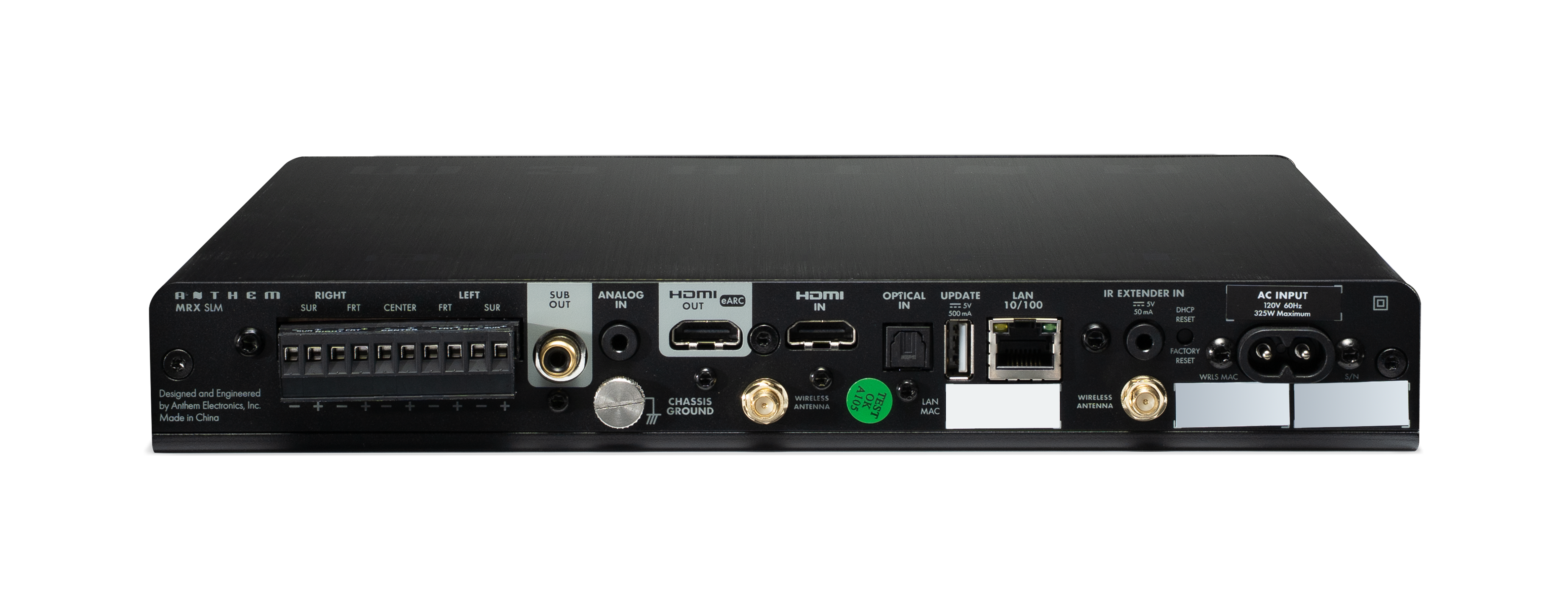 Zadní panel Anthem MRX SLM 4K &mdash; HDMI, optický vstup, svorkovnice Phoenix a výstup pro subwoofer