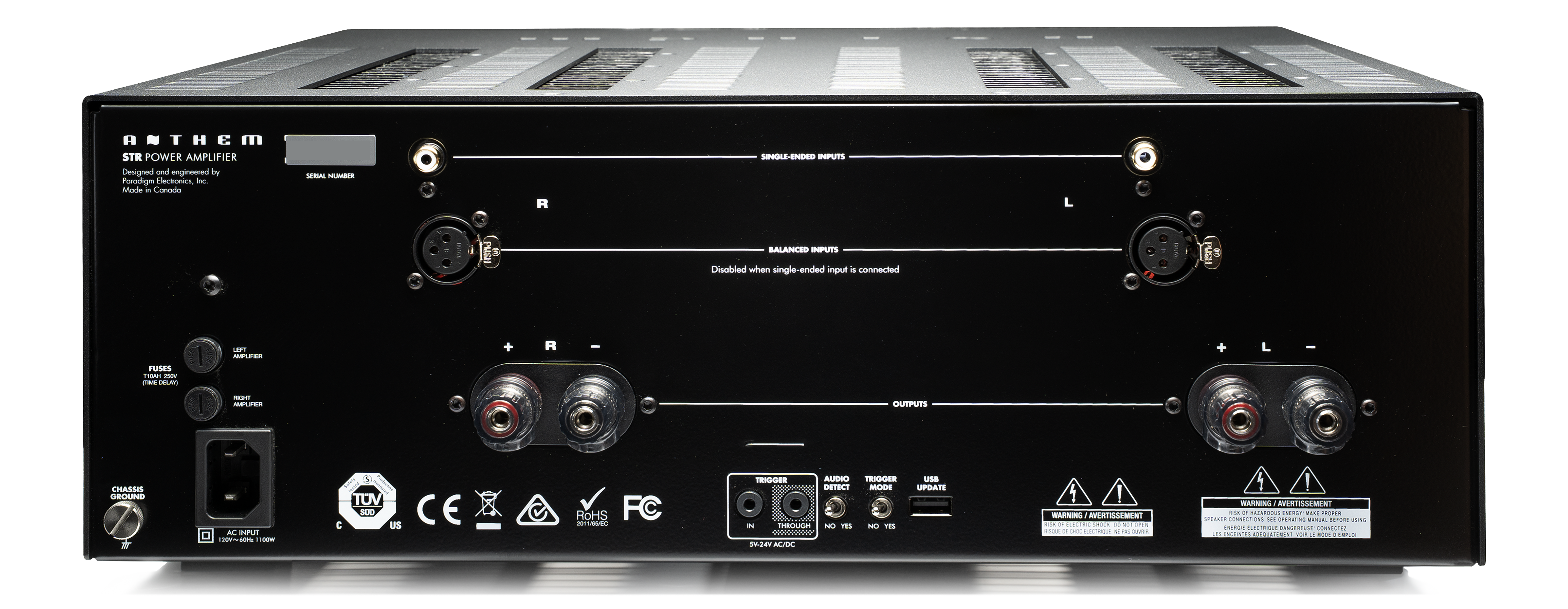 Zadní panel Anthem STR Amplifier — symetrické vstupy a reproduktorové terminály