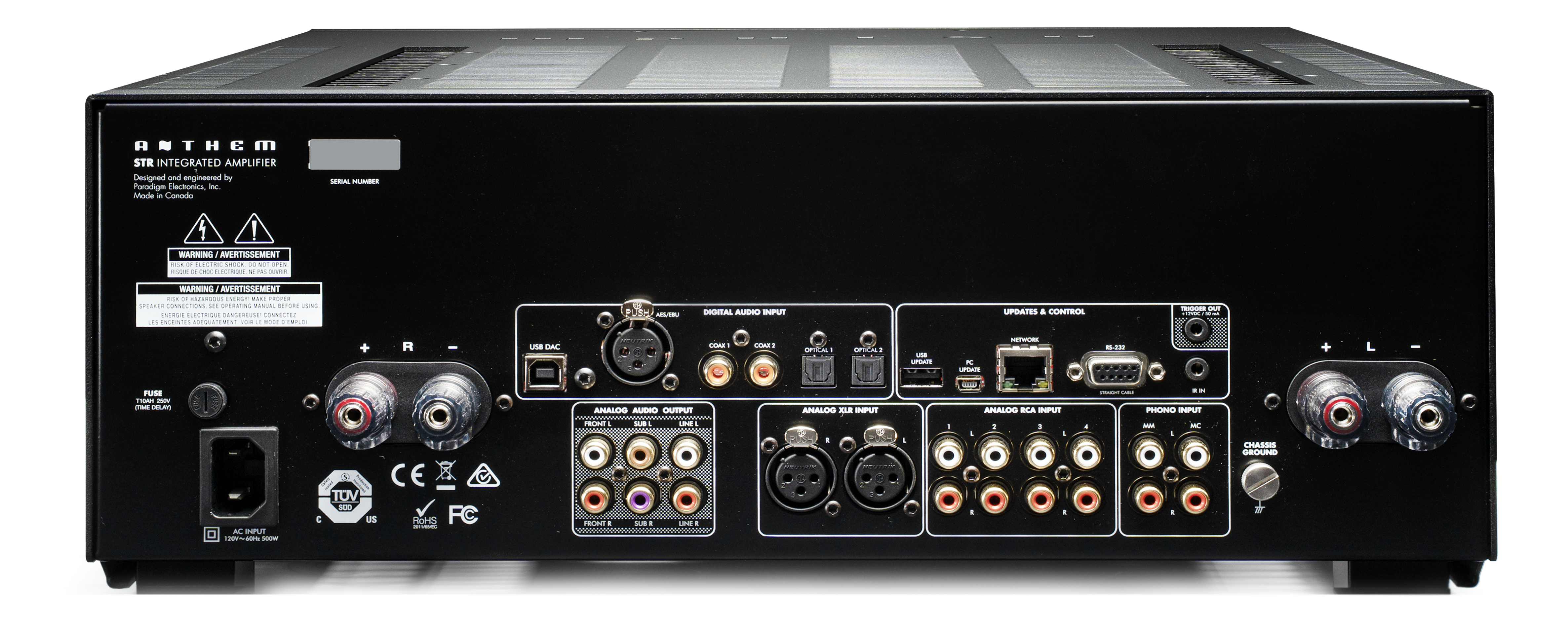 Zadní panel Anthem STR Integrated — reproduktorové terminály, digitální a analogové vstupy